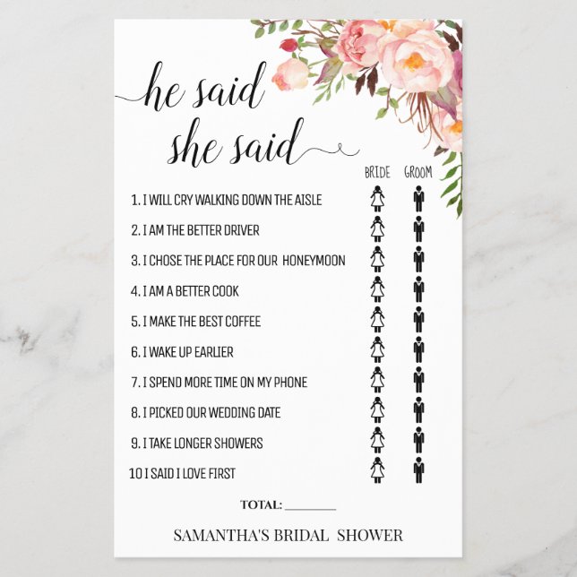 He said She said Bridal Shower game card (Front)