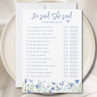 He Said She Said Bridal Shower Game Card