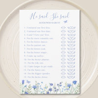 He Said She Said Bridal Shower Game Card