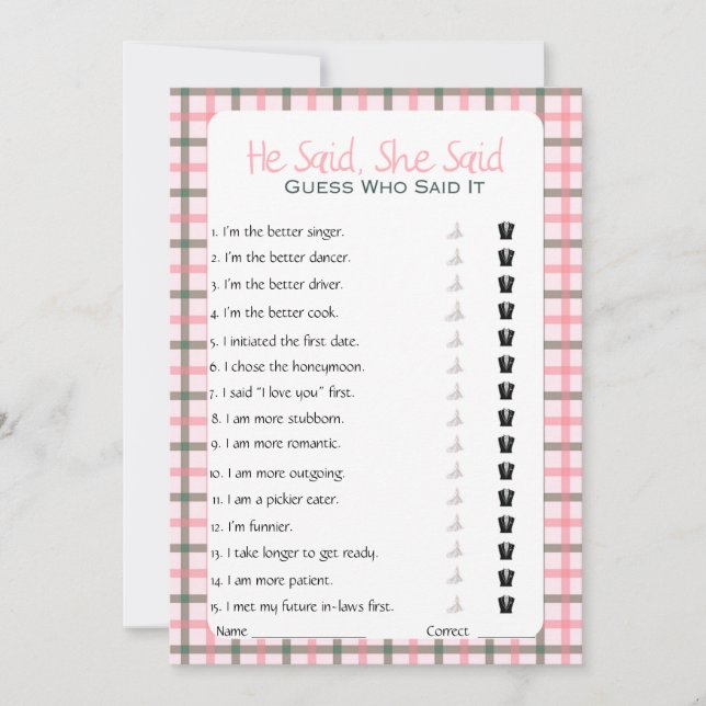 He Said She Said Bridal Shower Game Invitation (Front)