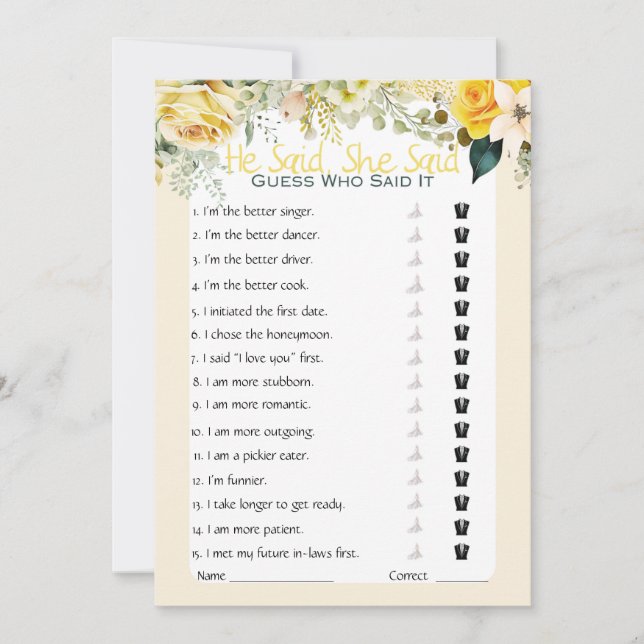 He Said She Said Bridal Shower Game Invitation (Front)