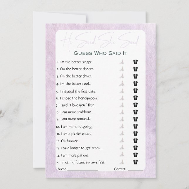 He Said She Said Bridal Shower Game Invitation (Front)