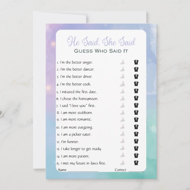 He Said She Said Bridal Shower Game Invitation (Front)