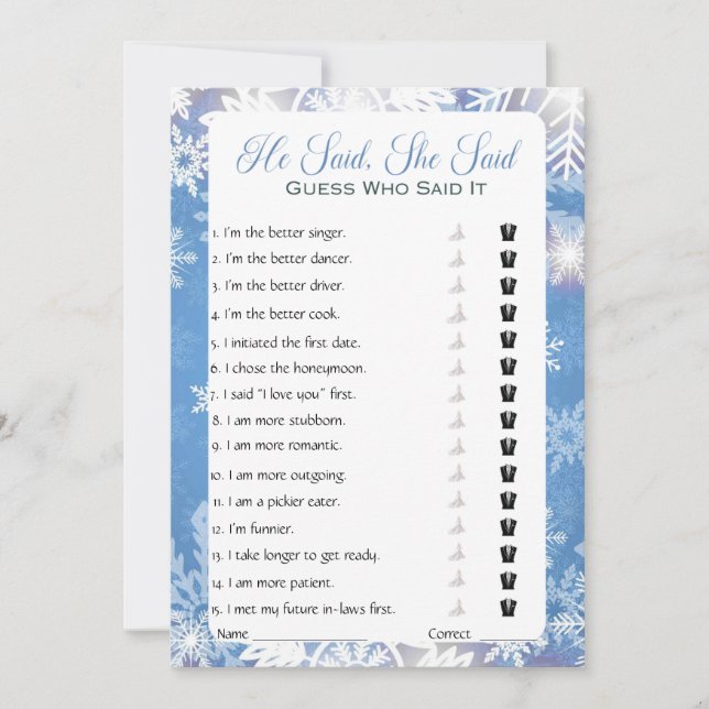 He Said She Said Bridal Shower Game Invitation (Front)