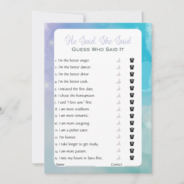He Said She Said Bridal Shower Game Invitation (Front)