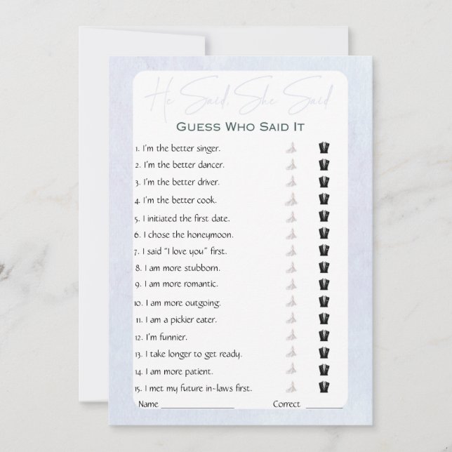 He Said She Said Bridal Shower Game Invitation (Front)