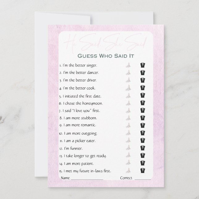 He Said She Said Bridal Shower Game Invitation (Front)