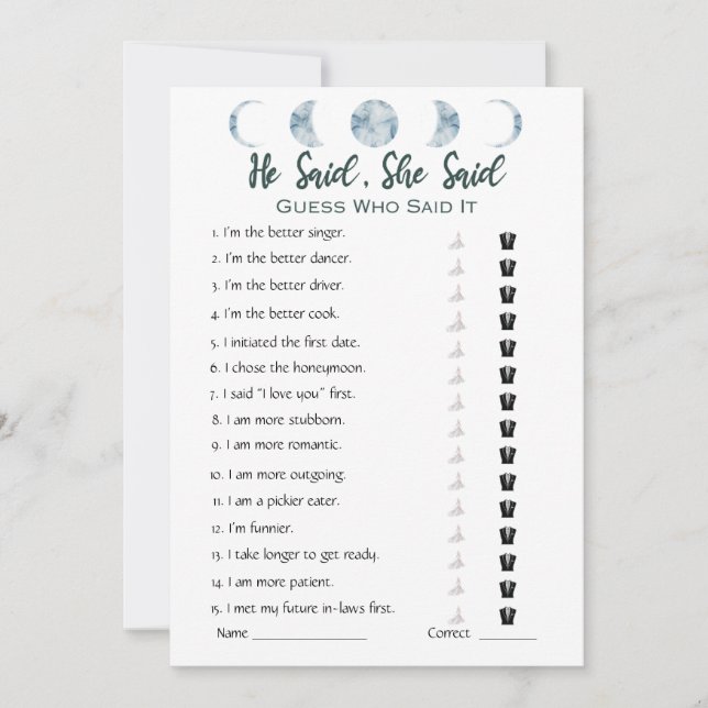 He Said She Said Bridal Shower Game Invitation (Front)