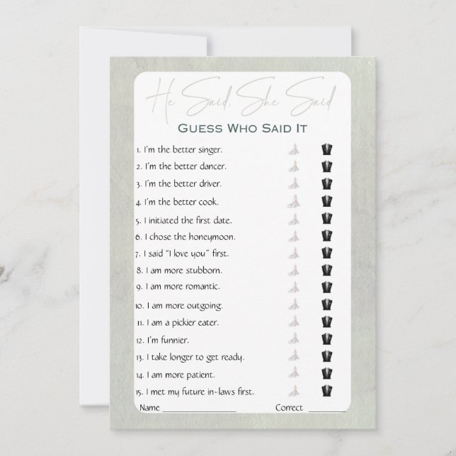 He Said She Said Bridal Shower Game Invitation (Front)