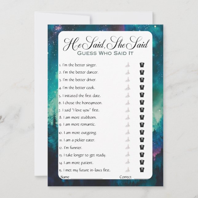 He Said She Said Bridal Shower Game Invitation (Front)