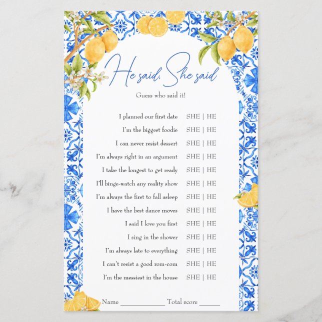 He Said She Said Bridal Shower Game Lemon Italy (Front)
