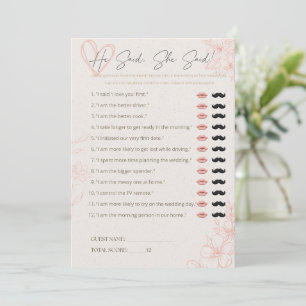 He Said She Said Bridal Shower Game Wedding Party Advice Card
