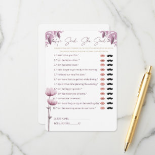 He Said She Said Bridal Shower Game Wedding Party Advice Card