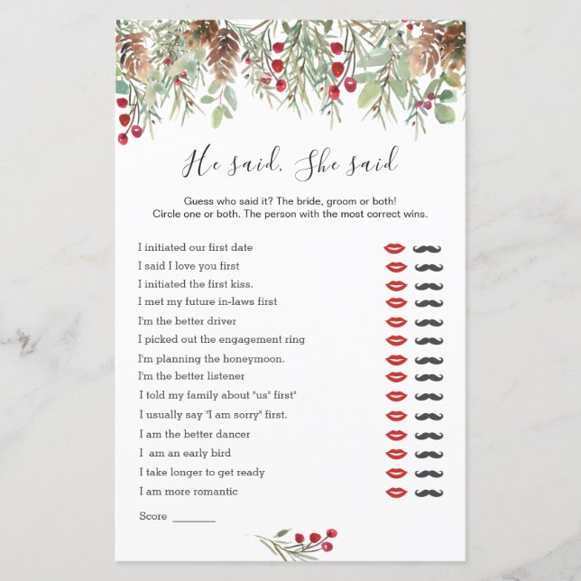 He Said She Said Bridal Shower Game, Winter Pine  (Front)
