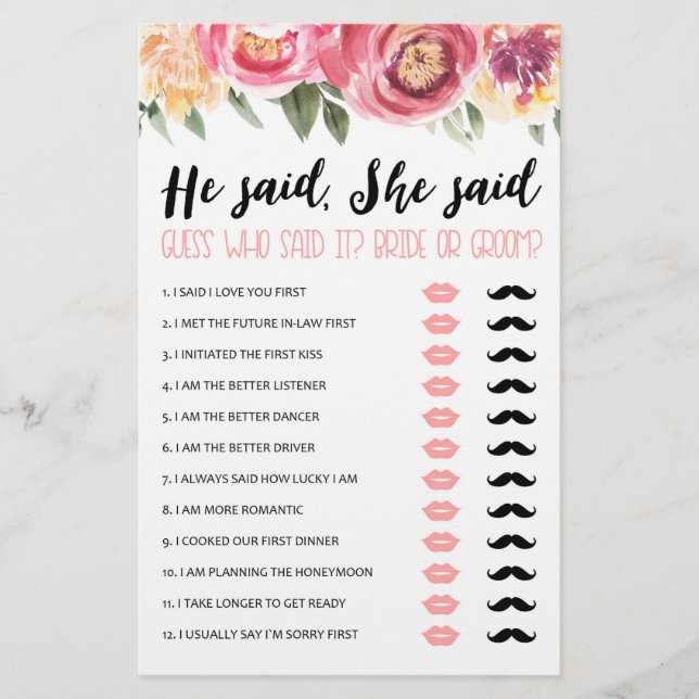 He said, She said Bridal Shower or Hen Party game (Front)