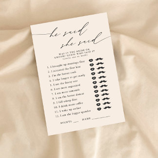 He Said, She Said Bridal Shower Party Game Enclosure Card