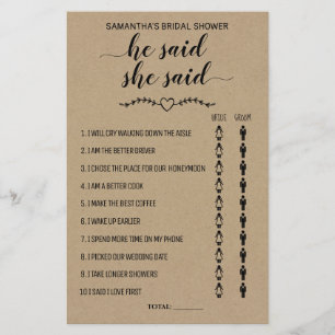 He Said She Said Bridal Shower Rustic Game Card