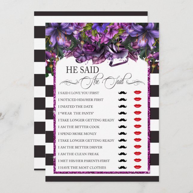 He Said She Said Bride Groom Bridal Shower Game Invitation (Front/Back)