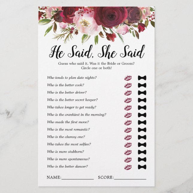 He Said She Said Burgundy Bridal Shower Game (Front)
