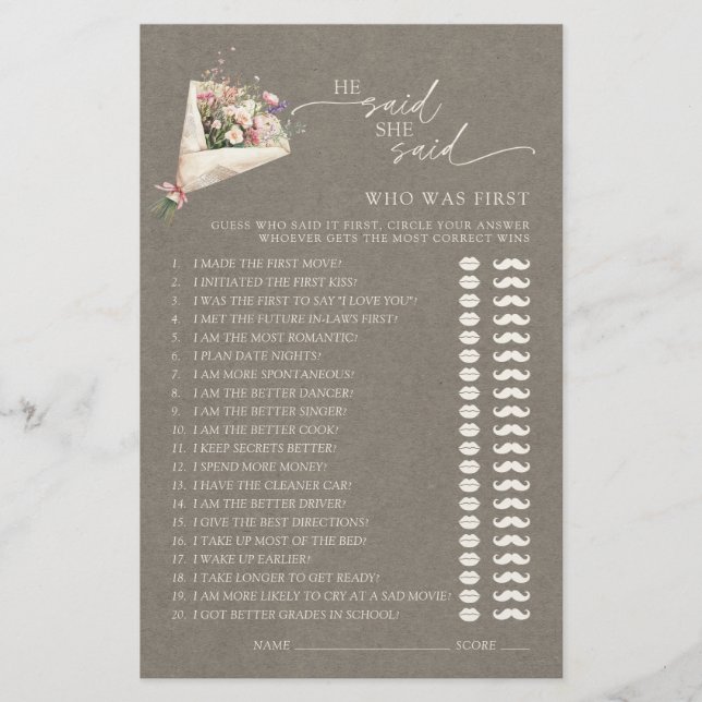 He Said She Said Chic Floral Bridal Shower Game (Front)