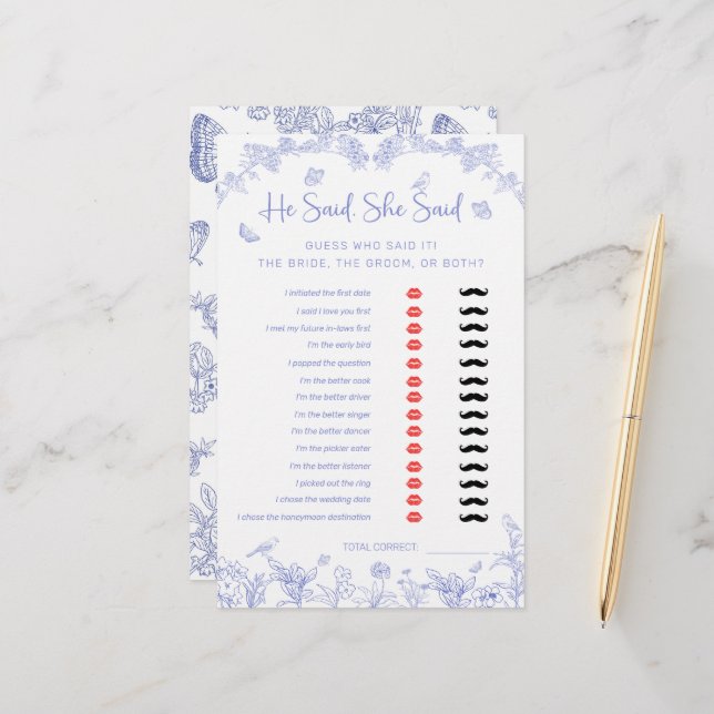 He Said, She Said Chinoiserie Bridal Shower Game (Front/Back In Situ)