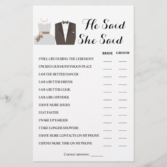 He Said She Said Couple Shower Game Card (Front)