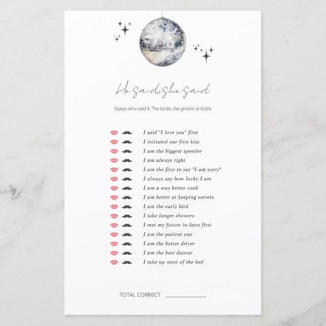 He said, she said Disco Ball Bridal Shower Game (Front)