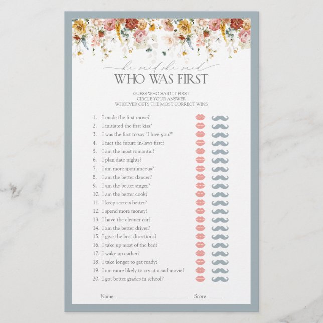 He Said She Said Dusty Blue Bridal Shower Game (Front)