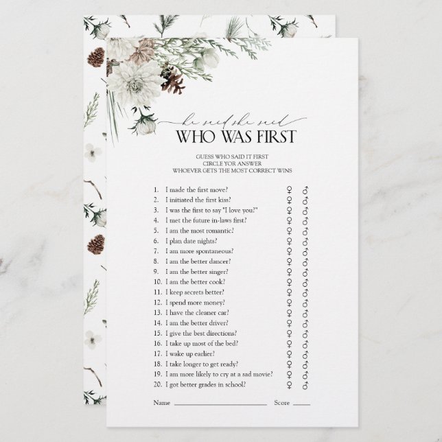 He Said She Said Elegant Winter Bridal Shower Game (Front/Back)