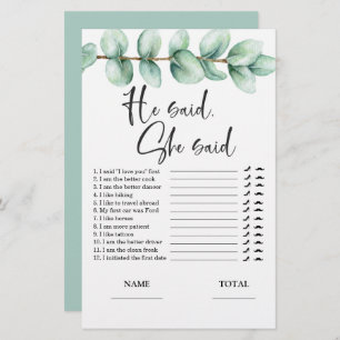He said She said Eucalyptus Bridal Game Invitation