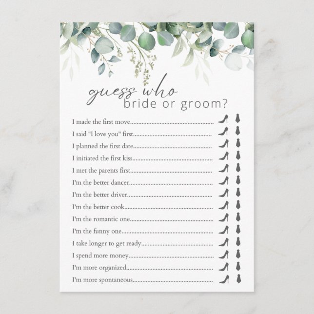 He Said She Said Eucalyptus Bridal Shower Game Enclosure Card (Front)