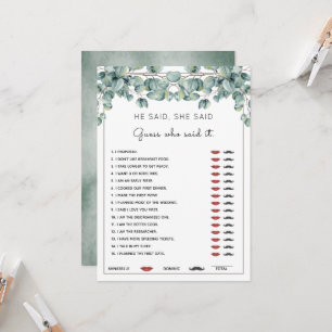 He Said She Said Eucalyptus Bridal Shower Game In Invitation