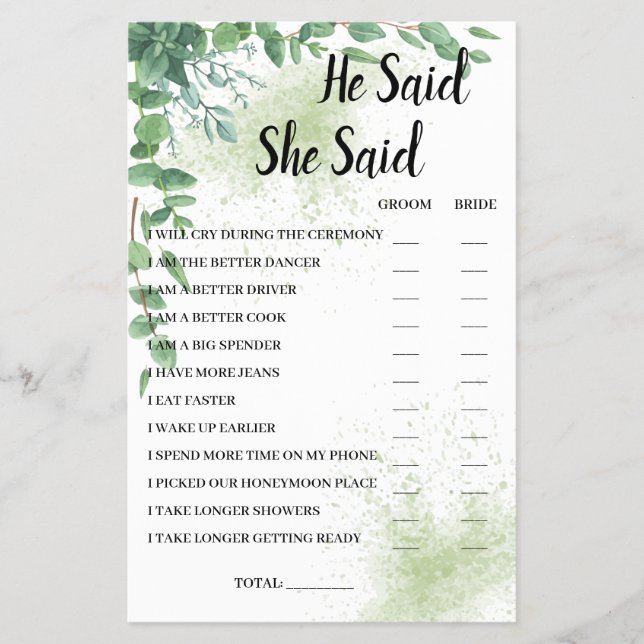 He Said She Said Eucalyptus BridalShower Game Card (Front)