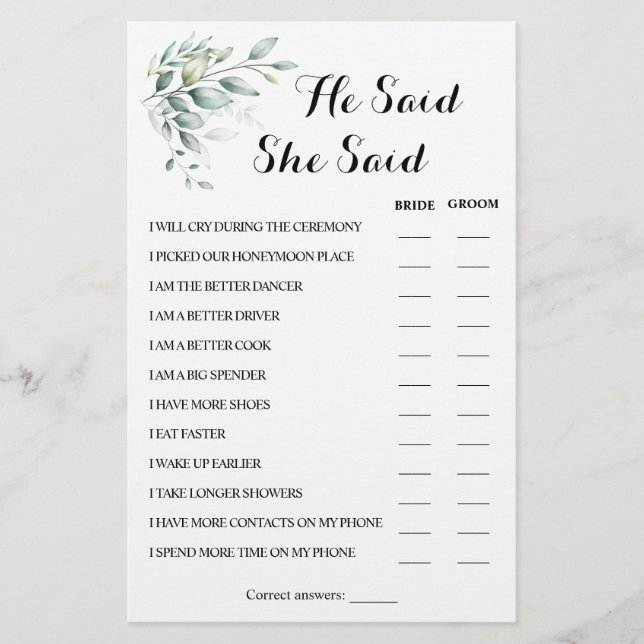 He Said She Said Eucalyptus CoupleShower Game Card (Front)