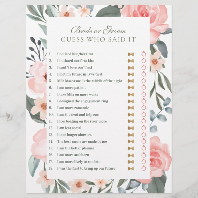 He Said She Said Floral Rose & Sage Bridal Game (Front)