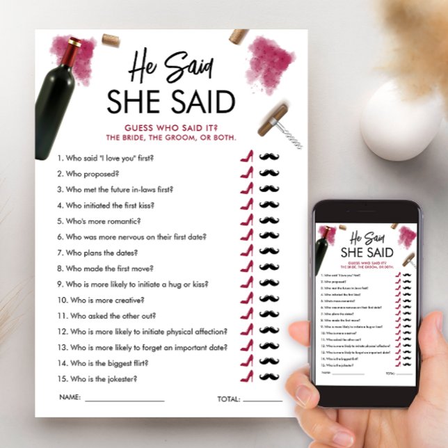 He Said She Said Game Card Wine Bridal Shower (Creator Uploaded)