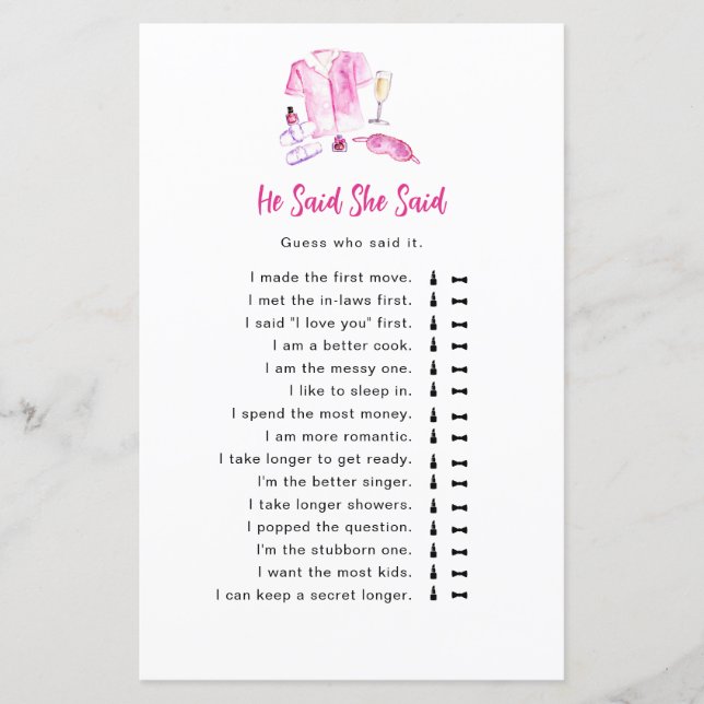 He Said She Said game Pyjamas & Prosecco Bridal (Front)