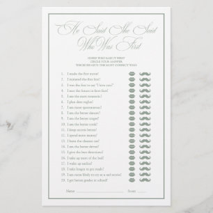 He Said She Said Green Script Bridal Shower Game