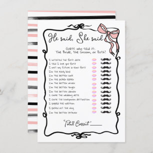 He said She said Hand Drawn Bow Bridal Shower game Invitation