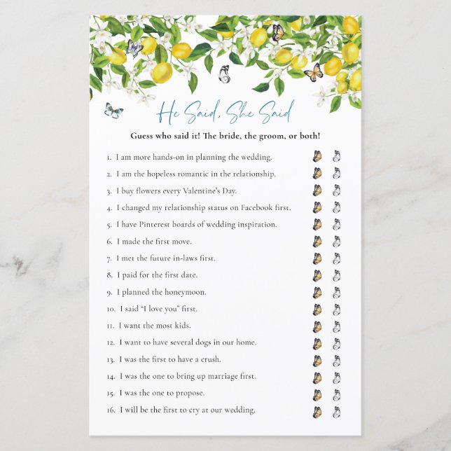 He Said, She Said | Lemon Bridal Shower Game  (Front)