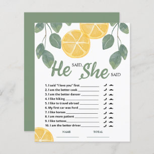 He said She said Lemon Bridal Shower Game