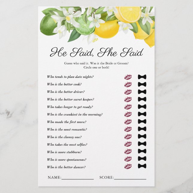 He Said She Said Lemon Greenery Bridal Shower Game (Front)