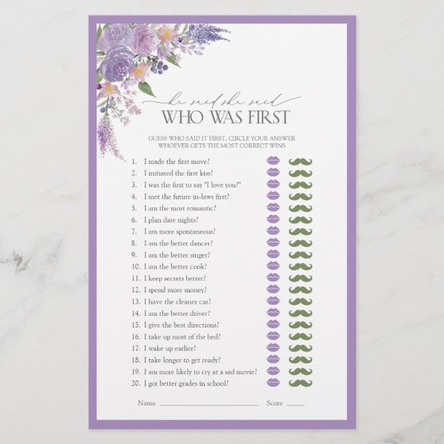 He Said She Said Lilac Lavender Bridal Shower Game (Front)