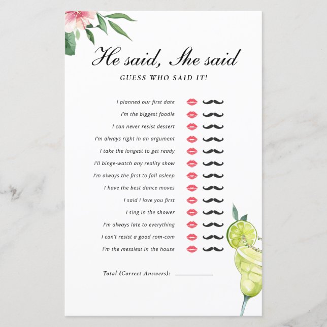 He Said She Said Margarita Mexican Bridal Game (Front)