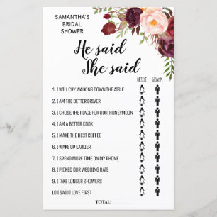 He said She said Marsala Floral Bridal Shower Game