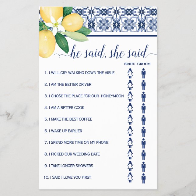 He said She said Mediterranean Shower Game Card (Front)