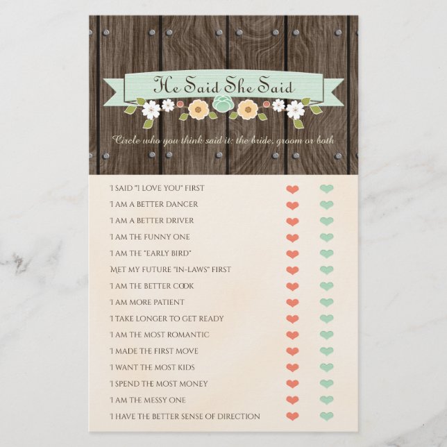 He Said She Said Mint Boho Bridal Shower Game (Front)