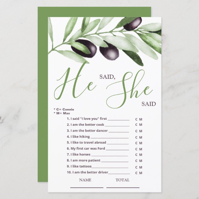 He said She said Olive Branch Bridal Game (Front/Back)
