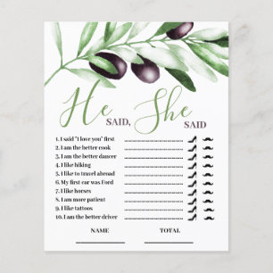 He said She Said Olive Branch Bridal Shower Game