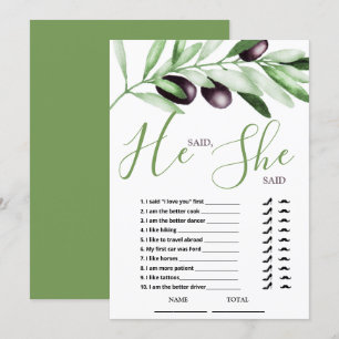 He said She Said Olive Branches Bridal Shower Card